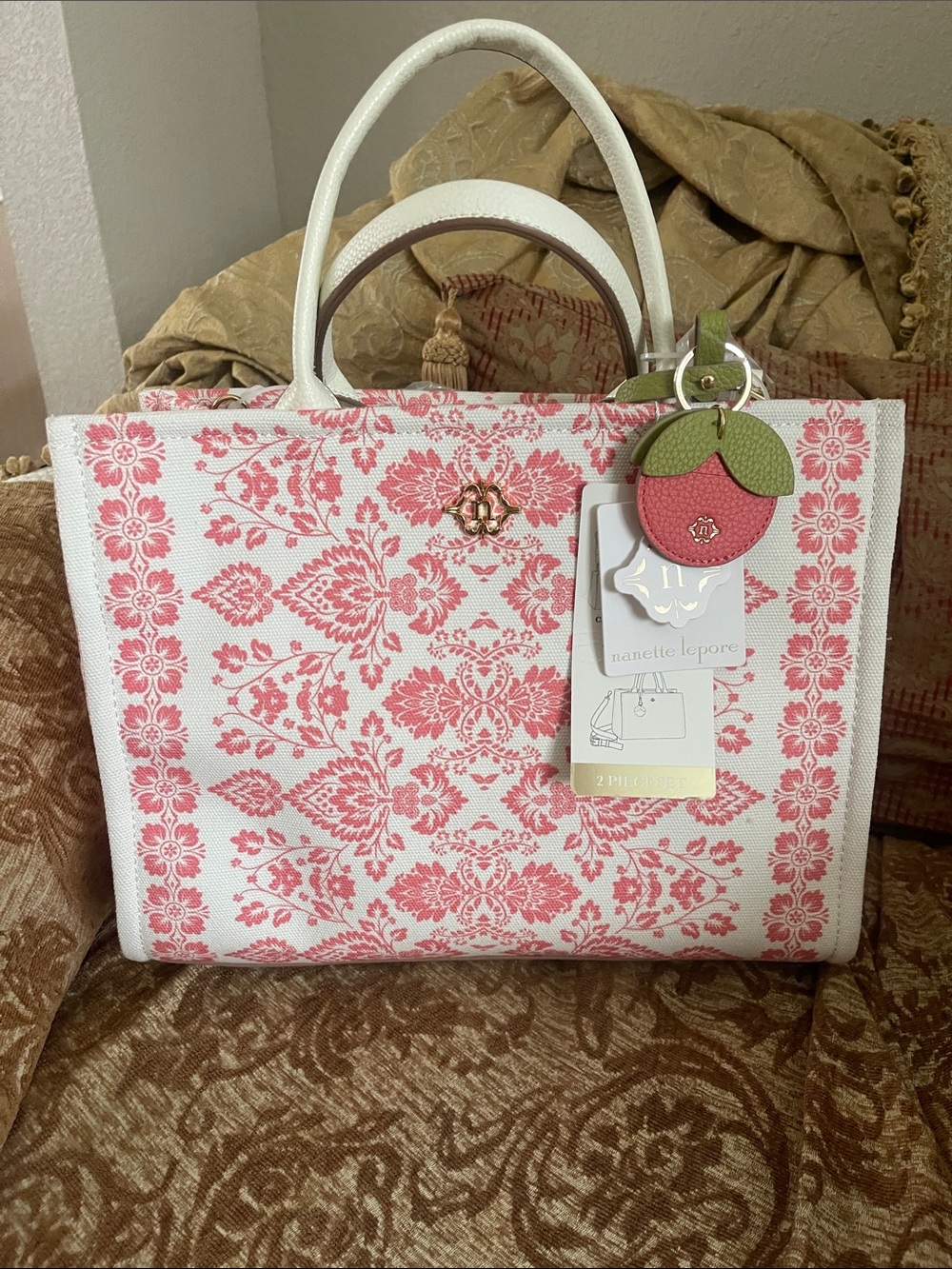 Nanette Lepore White and Pink Floral Canvas Tote with Charm and shoulder strap